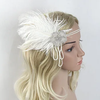 1920 damskie białe pióra ujęcie opaska perła pędzelka ryczący latach 20-tych Wielki Gatsby nakrycie głowy z koronki kwiat partii akcesoria