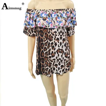 Aimsnug Sexy Off Shoulder Boho Leopard T-shirt Female Print 2020 Slash neck Loose Plus size Women ' s Tops Summer Casual Tee Shirt