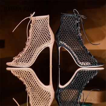 Damskie letnie netto botki ze skóry naturalnej sznurowane damskie sandały na wysokim obcasie buty cross sznurowanie Zapatos De Mujer 2020 New