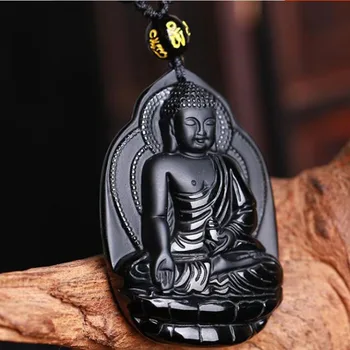 Naturalny czarny obsydian kamień Bodhisattwa wisiorek naszyjnik popularna moda butik biżuteria, posąg Buddy naszyjnik gem
