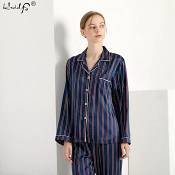 Damskie jesienne od piżamy zestawy koszulka z długim rękawem+spodnie zestaw 2 sztuk Paski wydruku piżamy codzienny domowy strój jedwabny atlas Lady piżama zestaw