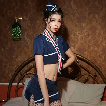 New 2020 Deep V Hollow Stewardess Policewoman Slim Sexy Temptation Uniform Short Sling Sleepwear Пижамный Zestaw