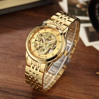 Luksusowy złoty smok automatyczne mechaniczne zegarki top marki szkielet zegarek Self Wind zegarek zegarek relogios masculino pudełko