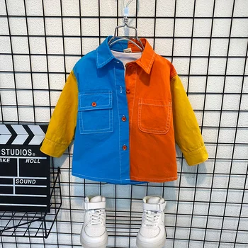 Odzież dziecięca Baby boys koszula moda niebieski mecz pomarańczowy bawełna przycisk topy 2 3 4 5 6 7 8 lat chłopcy plac koszula odzież wierzchnia