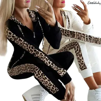 Moda casual 2 szt. kobiety Leopard długie Seleeve bluzy sportowe topy spodnie dres bluza dres jogging