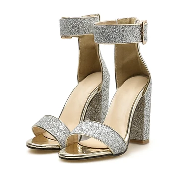 Letnie srebrne sandały kobiety luksusowe bling block wysokie obcasy buty wieczorowe panie sexy open toe pasek kostki buty ślubne sandalias