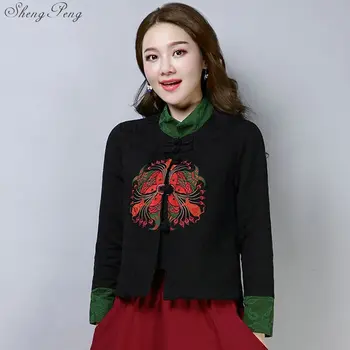 Tradycyjna Chińska Odzież Dla Kobiet Chińska Koszula Chiński Styl Bluzki Kurtka Bawełna Druk Pionowy Cheongsam Topy V1734