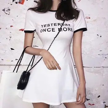 Najnowsza 2019 Sexy Moda Lato Kobiet Okrągły Kołnierz Z Długim Rękawem W Talii List T-Shirt Średniej Długości Dorywczo Sukienka #2019.6.18