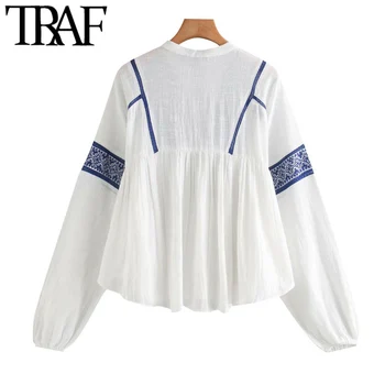 TRAF moda damska haft, patchwork, pikowanie temat bluzka vintage z długim rękawem wiązane pędzelkiem koszule Damskie Blusas eleganckie bluzki