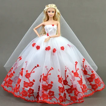Suknia + welon / biały i czerwony kwiat sukienka / suknia ślubna strój odzież dla 1/6 Barbie Xinyi Kurhn FR lalka