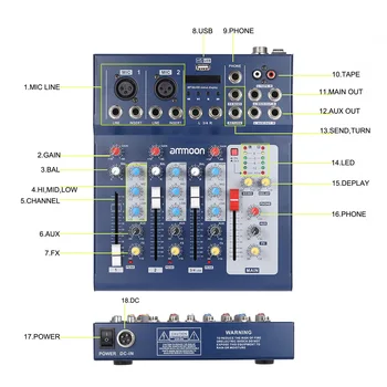 Ammoon F4-USB Mixing Console 3 Channel Digital Mic Line Audio Mixer Console z zasilaniem phantom 48 v do nagrywania DJ Stage
