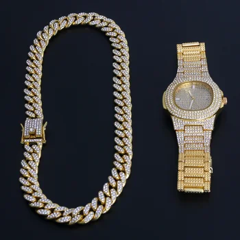 Złoty naszyjnik +Zegarek+Bransoletka hip-hop Miami kubańska łańcuch Iced Out wyściełane rhinestone CZ Bling raper dla mężczyzn biżuteria 2020New