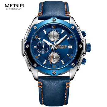 MEGIR męskie chronograf kwarcowy zegarek Skórzany pasek wojskowe sportowe casual zegarek Man Relogios Masculino Clock 2074 niebieski