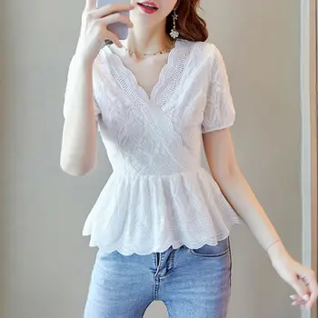 Damska wiosna lato styl koronki bluzka koszula damska z krótkim rękawem haft jednolity kolor V-neck koreański eleganckie bluzki SP8725