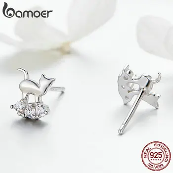 BAMOER 925 Sterling Silver Crystal Cat Animal Stud Earrings for Women Clear CZ Sterling Silver Jewelry SCE537