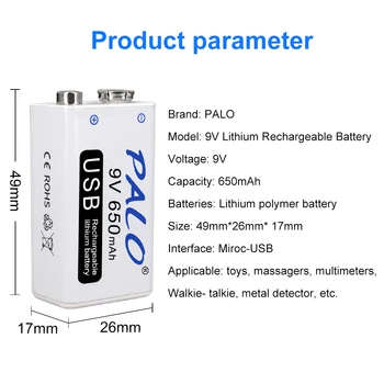 PALO Micro USB 9V bateria 650mAh 6F22 9v Batery z portem Usb do mikrofonu skaner AVO miernik multimetr 9V