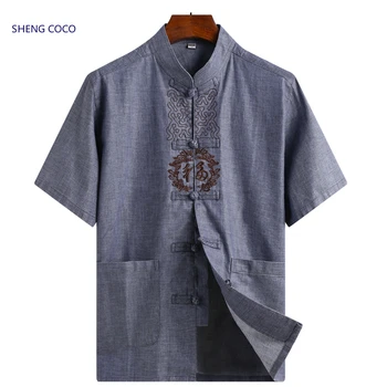 Sheng Coco tradycyjna chińska koszula męska lniane koszule chiński styl unisex z krótkim rękawem Chińska tradycyjna starsza odzież 4XL