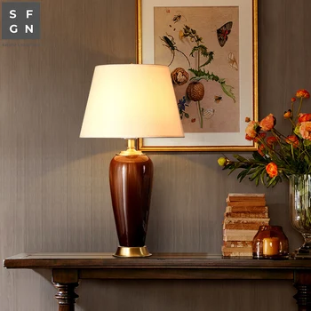 Miedziana lampa amerykański styl do salonu Jingdezhen ceramiczna lampa luksusowa sypialnia lampy zdobione lampy led