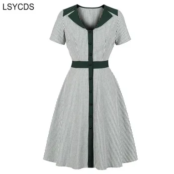 LSYCDS Women Summer Ladies A Line Flare Retro Dresses Vintage jednorzędowy V-dekolt z wysokim stanem koszulka w paski