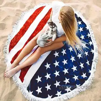 Flaga USA okrągłe ręcznik plażowy 150x150 cm poliester plażowy, mata dywan, koc, roleta szal peleryna z pędzelkiem basen pływać ręczniki