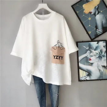2020 Letnie Temat Oversize Z Krótkim Rękawem T-Shirt Damski Moda Wygodne Słodkie Pocket Plus Rozmiar Koszulki Topy Biały Czarny