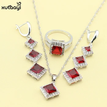 XUTAAYI srebrne komplety biżuterii Czerwony syntetyczny granat wspaniały naszyjnik/pierścień/kolczyki/bransoletka dla kobiet prezent