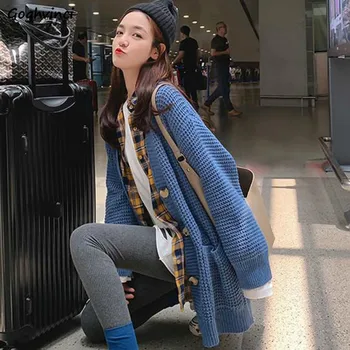 Sweter damski długi jednorzędowy jednorzędowy niebieski beżowy ciepły i miękki wysokiej jakości codzienny All-match prosty elegancki modny koreański styl