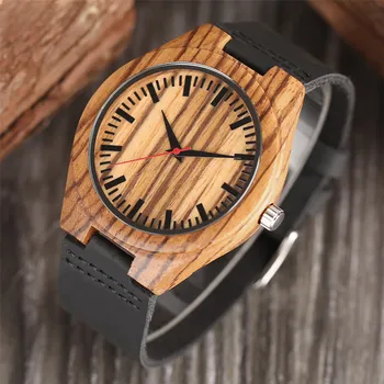 Sprzedaż drewniane zegarki męskie czarny pasek ze skóry naturalnej natura bambus drewniane zegarki zegarki dla mężczyzn w stylu casual Męskie prezenty