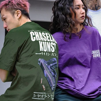 Osobowość Pistolet Druku Hip Hop Ulica Odzież Fajny Zabawny T-Shirt Mężczyźni Bawełna Harajuku Pistolet Para Casual T-Shirt