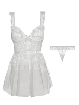 Seksowna piżama zestaw kobiet zbieranie bielizna nocna koszula damska letnia cienka koronka przezroczysta cienka bez krótka koszula nocna zestaw