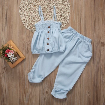 Kid Toddler Girls Sleeveless Button Blue Jean Cloth Set 2PCS Top T shirt + Szorty Outfit Casual Party Child Sets odzież