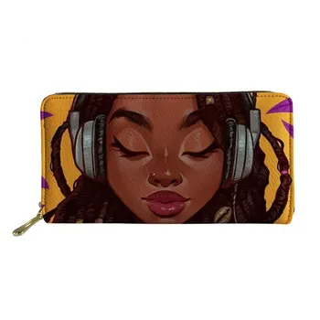 2020 indywidualne skórzane długie zamki damskie portfele afro art dziewczyna portfel dla pieniędzy kopertówka portfel damski PU torba mapa moneta uchwyt torba