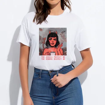 Meble ubrania Ropa Mujer Harajuku Egirl koszulki wolne litery do wydruku Anioły chronią mnie demony szanują mnie t-shirt Damski