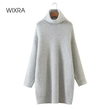 Wixra Womens Sweater Dress Z Długim Rękawem Golf Monochromatyczne Codzienne Bezpośrednie Gruba Ciepła Krótka Dzianiny Odzież Jesień Zima