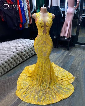Długie żółte sukienki na studniówkę 2021 Sexy Syrena Sheer O-neck cekinami afrykańskie czarne dziewczyny Prom Gala suknie