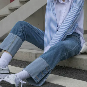 Dżinsy Damskie szczelinowe Сплайсированные jeansowe spodnie z wysokim stanem temat bezpośrednie codzienne uniwersalne retro-chic modne uliczne rocznika Ulzzang