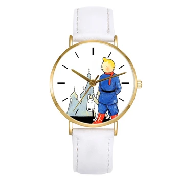 Nowe słodkie Tintin i Scooby Doo damskie zegarki Kwarcowe, zegarki złote, białe paski skórzane moda animowany zegar