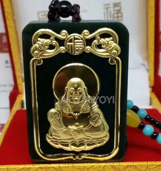 Uroczy, naturalny, czarny, zielony Хетанский nefryt + 18-karatowe złoto inkrustowane chiński Budda Guanyin szczęśliwy wisiorek + darmowa naszyjnik wykwintne biżuteria