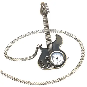 Steampunk Antyczny Brąz Gitara Forma Kwarcowy Zegarek Kieszonkowy Naszyjnik Wisiorek Dziewczyny Kobiety Prezent P130