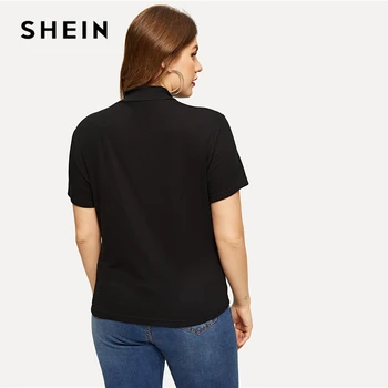 Shein czarny plus układ szyi z dzianiny cienki dopasowany tee jednolity top z krótkim rękawem t-shirt lato plus rozmiar Kobieta Casual t-shirt topy