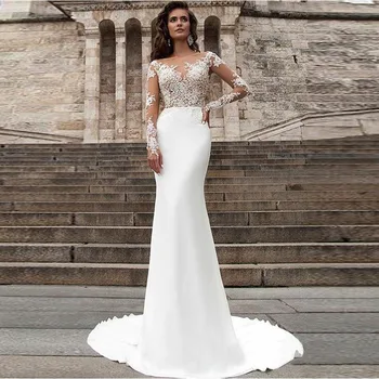 LORIE Mermaid Wedding Dresses Turkey 2019 Scoop Szyi biała koronkowa sukienka z długim rękawem na zamówienie suknia ślubna vintage
