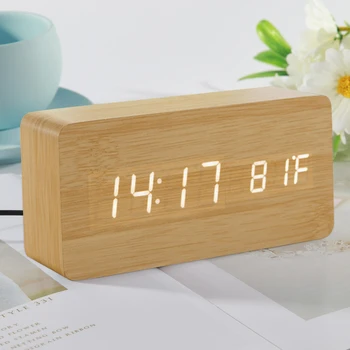 Budzik LED Wooden Watch Table Voice Control Digital Wood Despertador AAA Powered elektroniczne zegar na biurko
