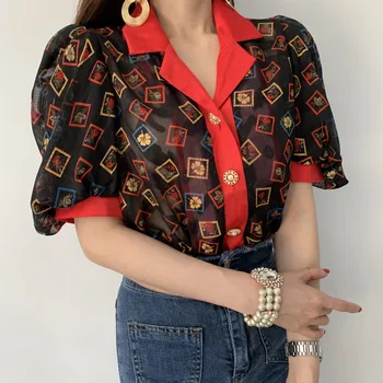 2020 letnie koreański rocznika drukowane bluzka koszula kobiety z długim rękawem pasek kołnierz однобортные bluzki moda eleganckie Blusas