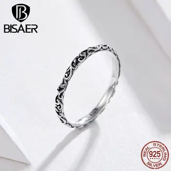 BISAER proste pierścień 925 srebro kobiety vintage retro utorować wygrawerować palec pierścień srebro biżuteria anel ECR513