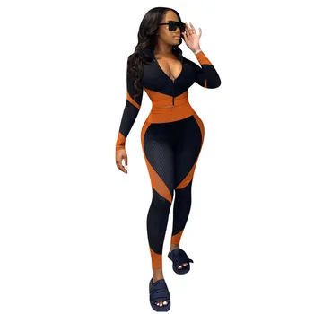 2020 jesień nowy duży rozmiar kobiety kontrastowy kolor patchwork zestaw z dwóch części Lady V-neck pełna rękaw tee Wysoka Talia legginsy sportowe stroje