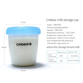 Cmbear przechowywanie mleka 180 ml butelka do przechowywania mleka szeroka szyjka noworodka zamrażarka świeże filiżanka pompkę i akcesoria