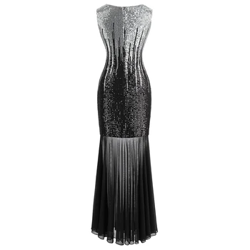 Angel-fashions błyszczą wieczorowa Long, See Through Gatsby Prom Gown Silver 458