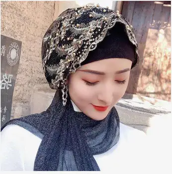 Moda na chusty muzułmański islamski szalik szaliki dla kobiet długi Underscarf Moslima jednolity kolor z koralikami modlitwa Turbante
