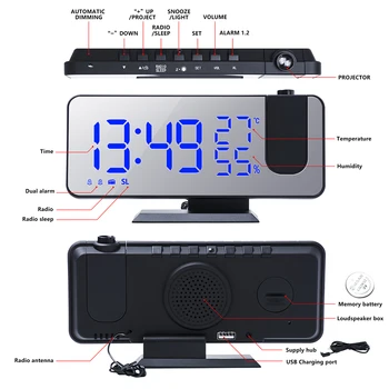 Nowy led alarm temperatura higrometr Radio cyfrowy zegar z projekcją czasu, Lusterko do makijażu wielofunkcyjny zegarek na biurko