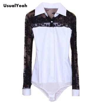 UsualYeah New Casual Long sleeve Lace Patchwork Women work wear Slim Fit Body Shirt bluzka Office Blusas White S-XXL SY0099